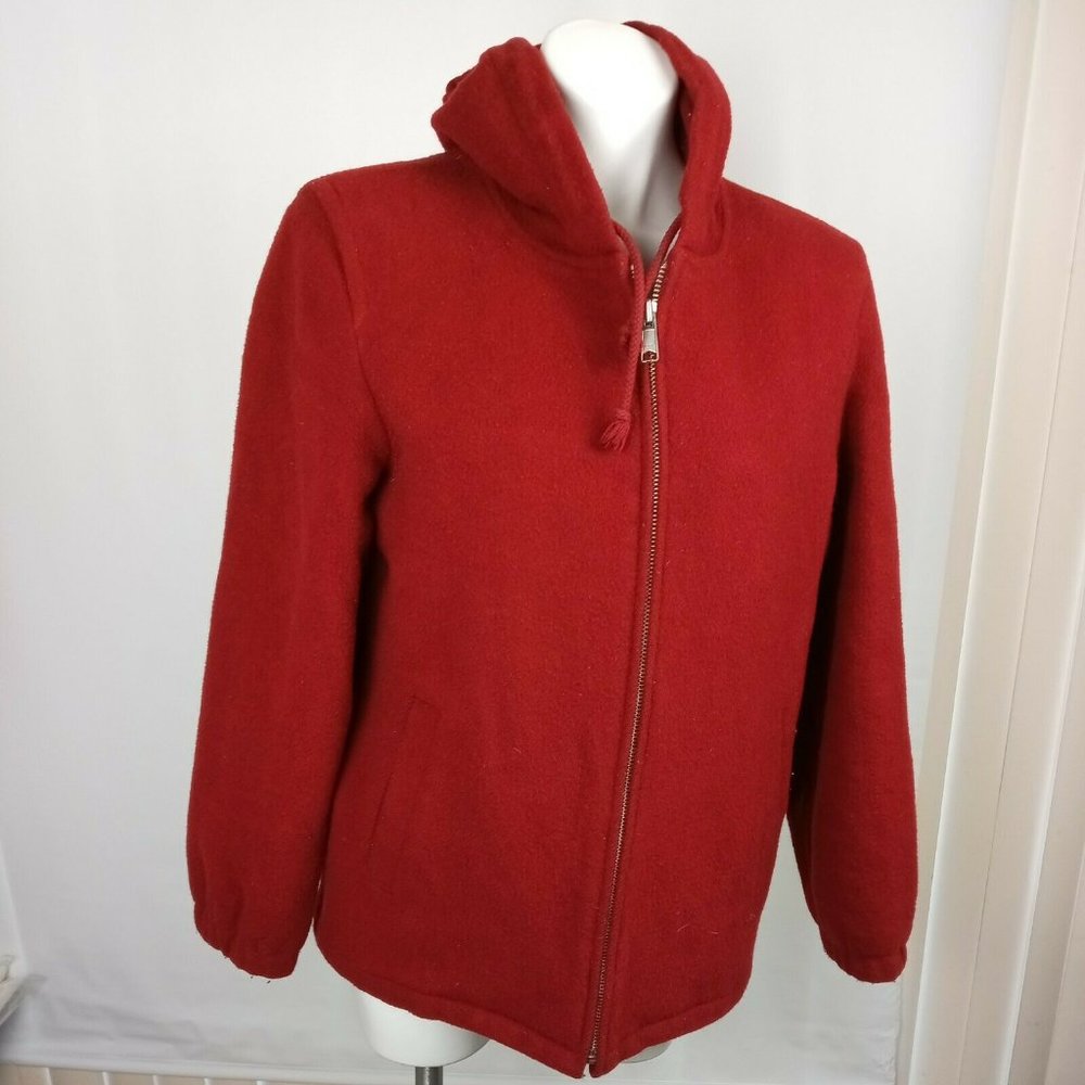 J Crew Size Medium Red Hooded Gold Zipper Wool jacket coat with pockets